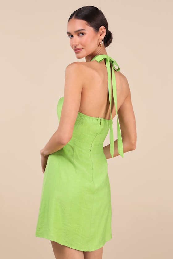 Theresia Lime Green O-Ring Halter Mini Dress 2