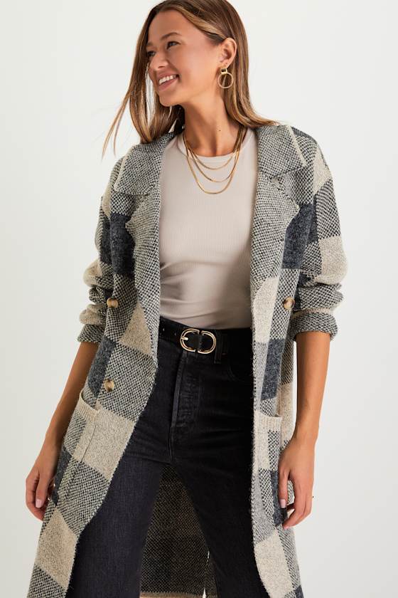 Lulus Cuddle Club Beige And Black Plaid Long Sleeve Coatigan In Gray