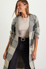 Cuddle Club Beige and Black Plaid Long Sleeve Coatigan 5