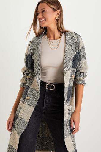 Cuddle Club Beige and Black Plaid Long Sleeve Coatigan 5