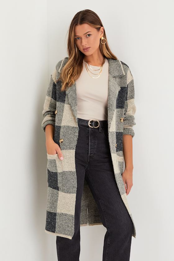 Lulus Cuddle Club Beige And Black Plaid Long Sleeve Coatigan In Gray