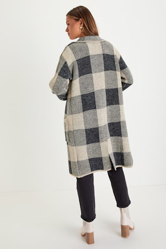 Lulus Cuddle Club Beige And Black Plaid Long Sleeve Coatigan In Gray
