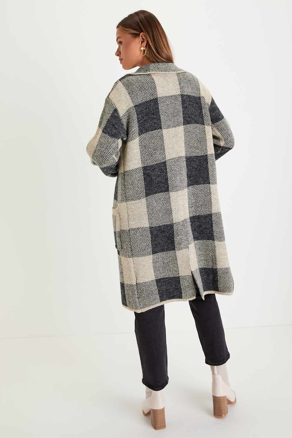 Cuddle Club Beige and Black Plaid Long Sleeve Coatigan