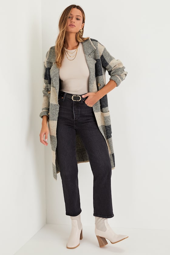 Lulus Cuddle Club Beige And Black Plaid Long Sleeve Coatigan In Gray