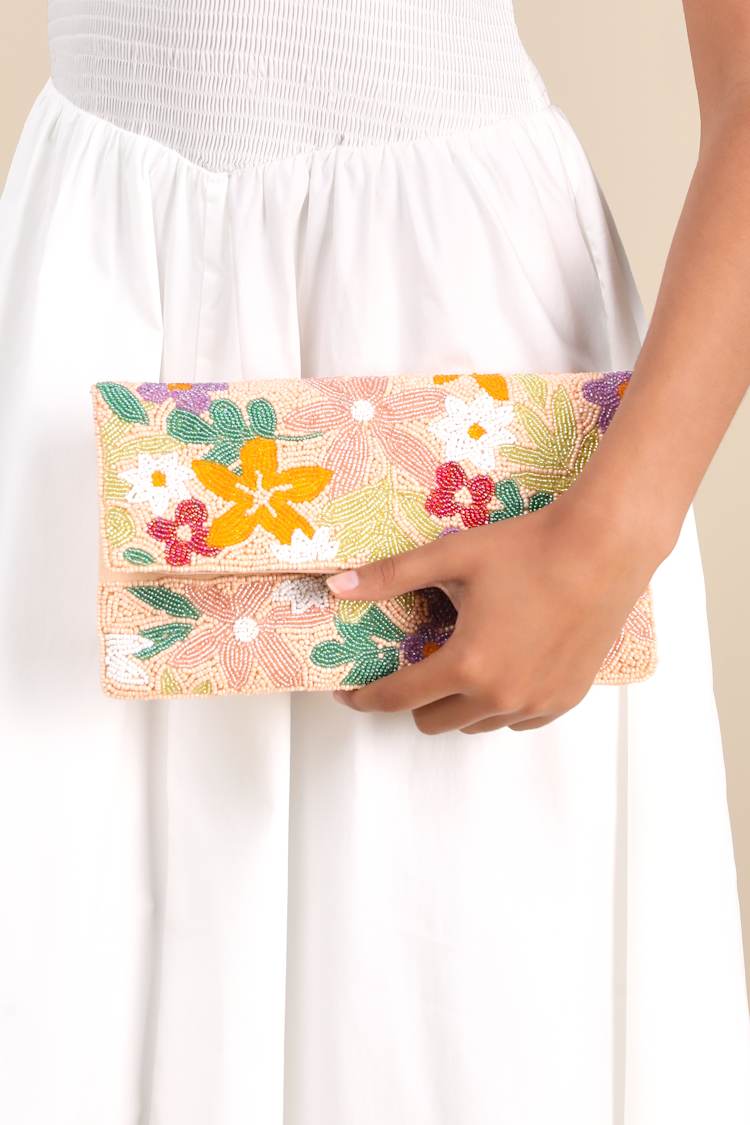 Lisanne Peach Multi Floral Beaded Clutch