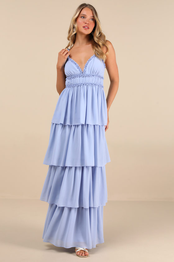 口豪奢 Light Blue Gown - Tiered A-Line Maxi Dress - Ruffled Maxi バッグ