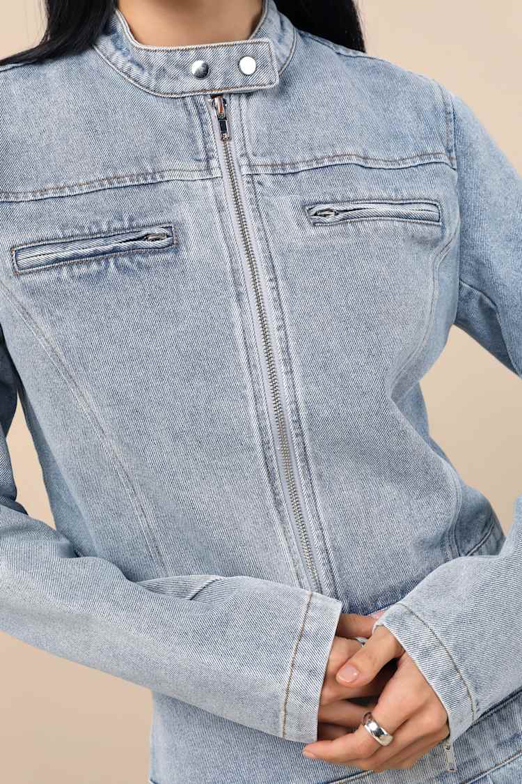 Khine Light Wash Denim Moto Jacket