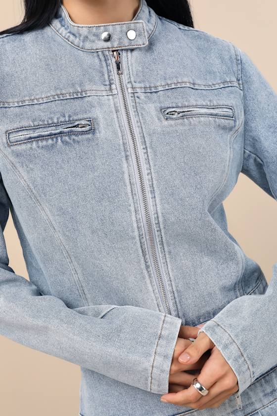 Khine Light Wash Denim Moto Jacket