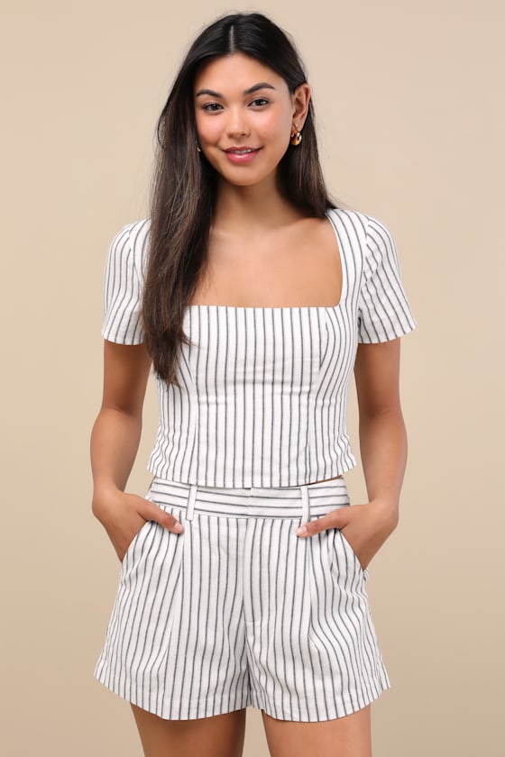 Shop Lulus Danai White And Slate Striped High-rise Shorts