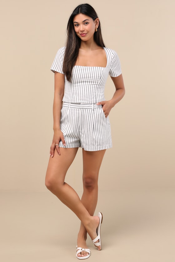 Shop Lulus Danai White And Slate Striped High-rise Shorts