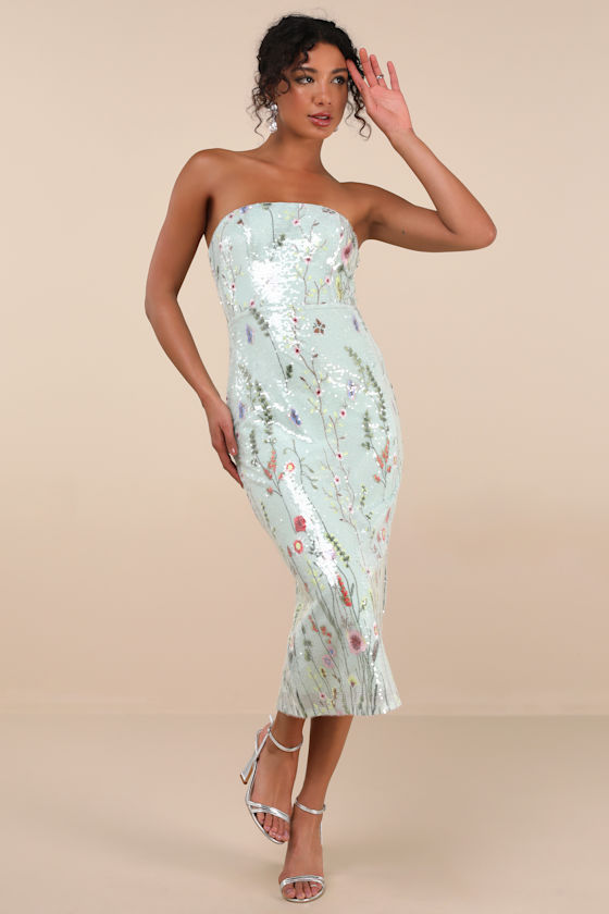 Shop Lulus Malene Mint Floral Sequin Strapless Midi Dress
