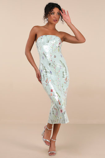 Malene Mint Floral Sequin Strapless Midi Dress 1