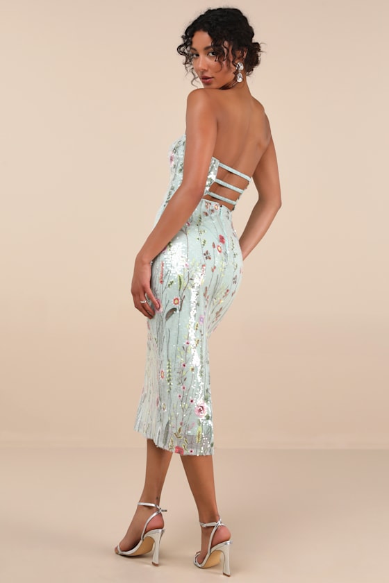 Shop Lulus Malene Mint Floral Sequin Strapless Midi Dress