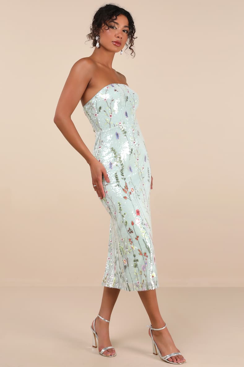 Malene Mint Floral Sequin Strapless Midi Dress