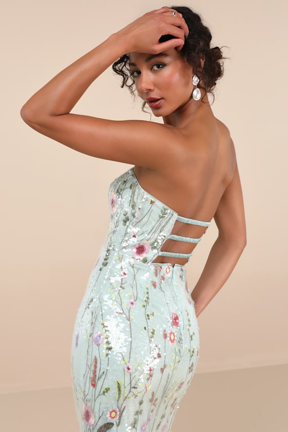 Shop Lulus Malene Mint Floral Sequin Strapless Midi Dress