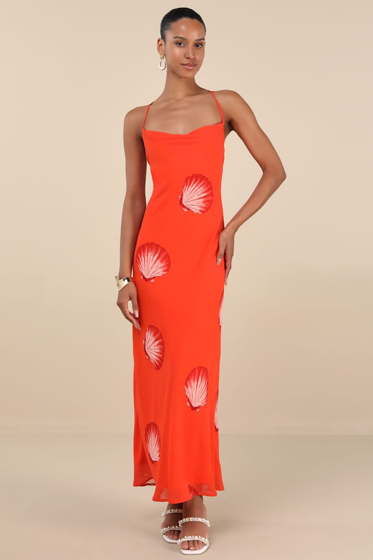Thalassa Bright Orange Seashell Backless Maxi Dress