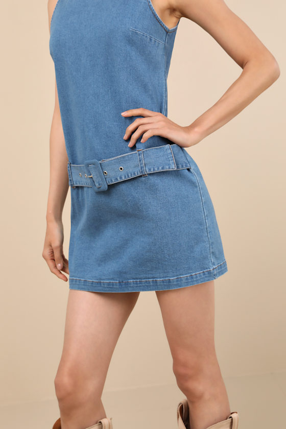 Lulus Kimberly Blue Chambray Belted Mini Dress