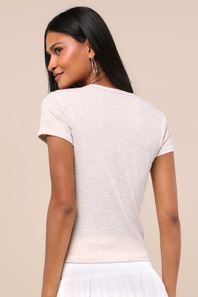 Essential Trend Heather Beige Pointelle Knit Short Sleeve Top