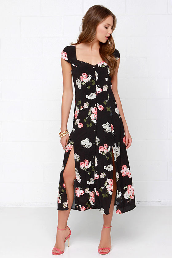 black dress with flowers on it