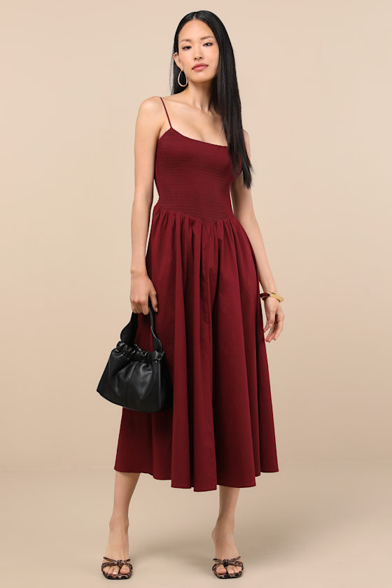 Lulus Tandria Burgundy Smocked Sleeveless Midi Dress In Purple