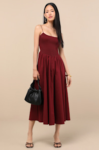 Tandria Burgundy Smocked Sleeveless Midi Dress 4