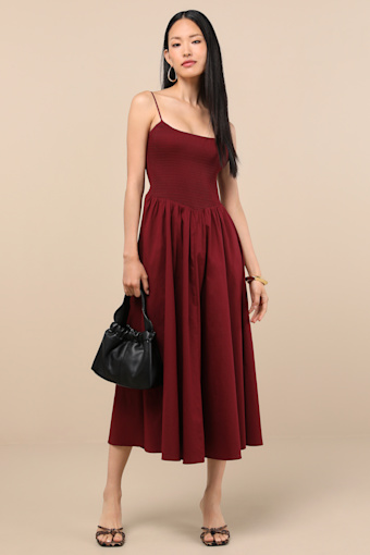 Tandria Burgundy Smocked Sleeveless Midi Dress 4