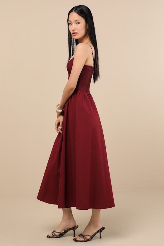 Lulus Tandria Burgundy Smocked Sleeveless Midi Dress In Purple
