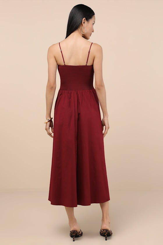 Lulus Tandria Burgundy Smocked Sleeveless Midi Dress In Purple