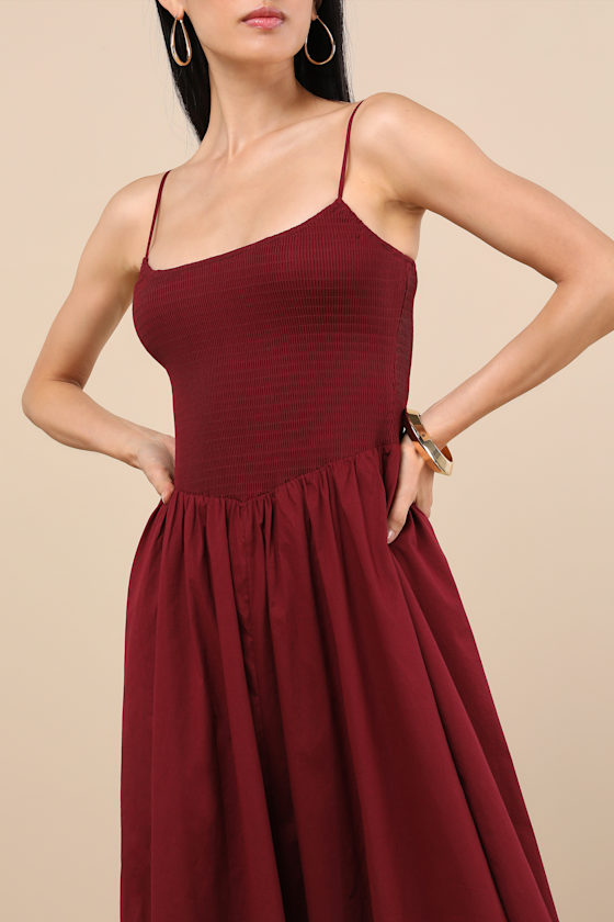 Lulus Tandria Burgundy Smocked Sleeveless Midi Dress In Purple