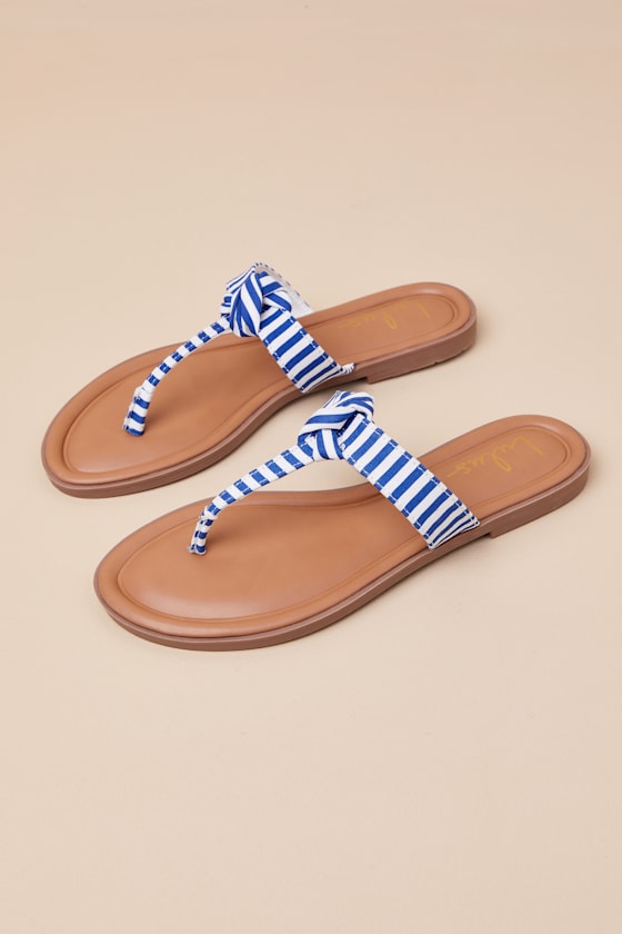 Blue & White Striped Sandals - Thong Sandals - Knotted