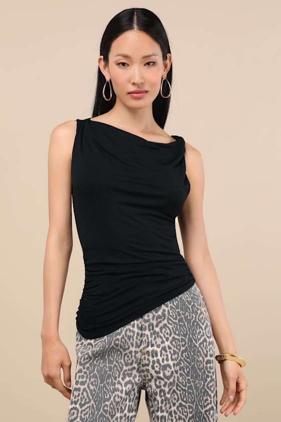 Lulus Linzia Black Jersey Knit Asymmetrical Top