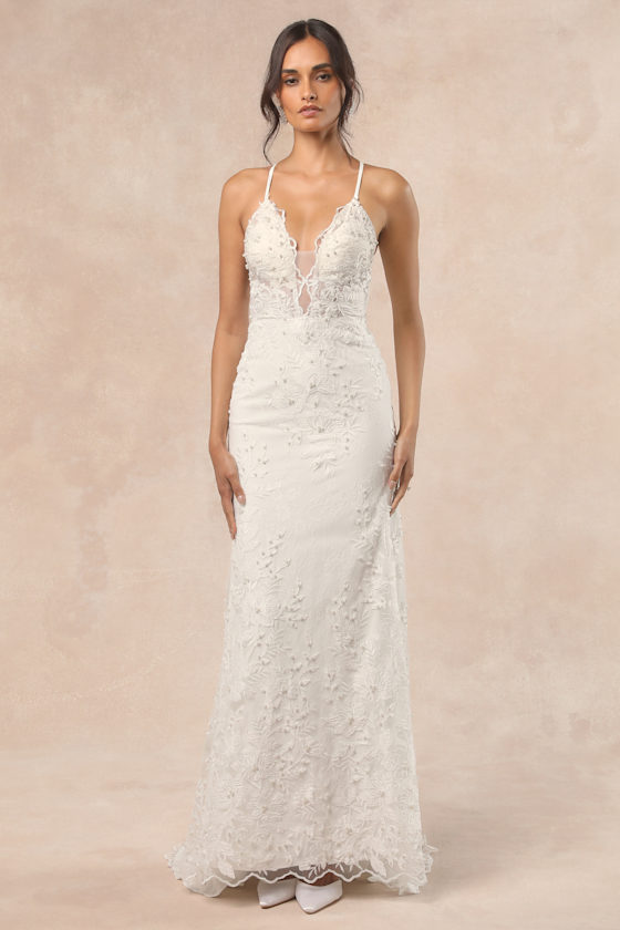 Enchanting Eternity Ivory Pearl Lace-Up Backless Maxi Dress 8