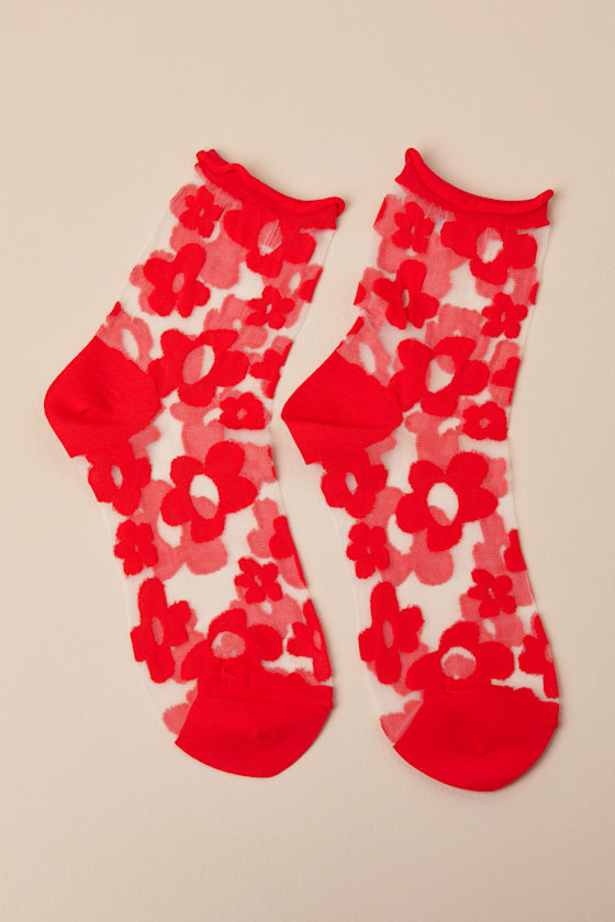 Pop Red Sheer Floral Socks 2