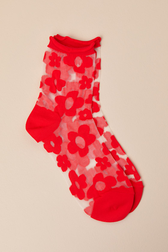 Hansel From Basel Pop Red Sheer Floral Socks