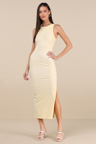 Lavina Light Yellow Ribbed Knit Bodycon Midi Dress 1