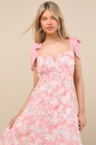 Tarina Pink Multi 3D Rosette Tie-Strap Midi Dress 1
