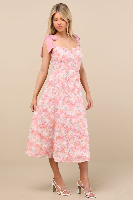 Lulus Tarina Pink Multi 3d Rosette Tie-strap Midi Dress
