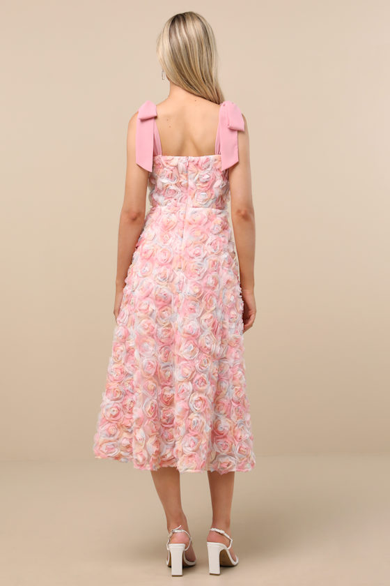 Lulus Tarina Pink Multi 3d Rosette Tie-strap Midi Dress