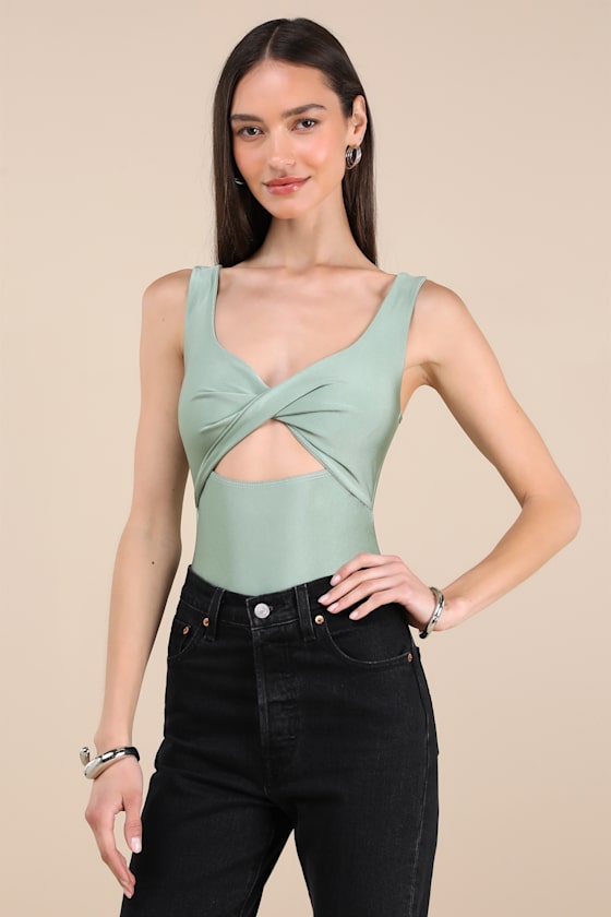 LULUS BASIMA SAGE GREEN CUTOUT TWIST-FRONT SLEEVELESS BODYSUIT