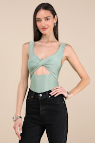 Basima Sage Green Cutout Twist-Front Sleeveless Bodysuit 1