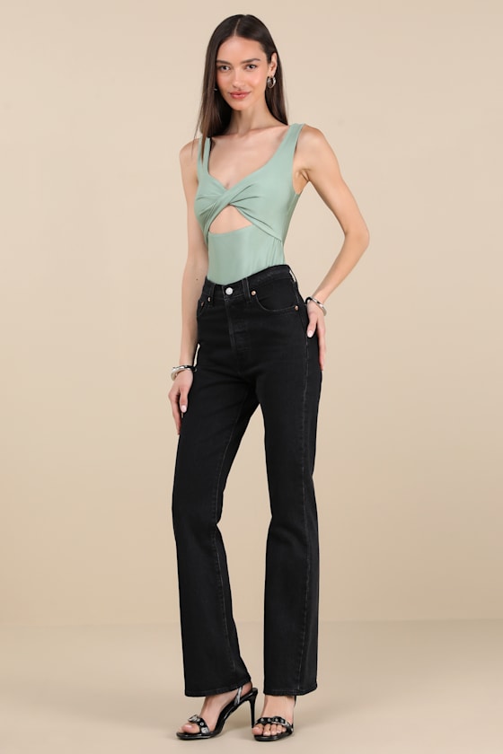 LULUS BASIMA SAGE GREEN CUTOUT TWIST-FRONT SLEEVELESS BODYSUIT