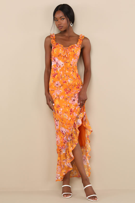 Lulus Lovable Spirit Orange Floral Burnout Ruffled High-low Maxi Dress In Black
