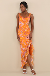 Lovable Spirit Orange Floral Burnout Ruffled High-Low Maxi Dress 1