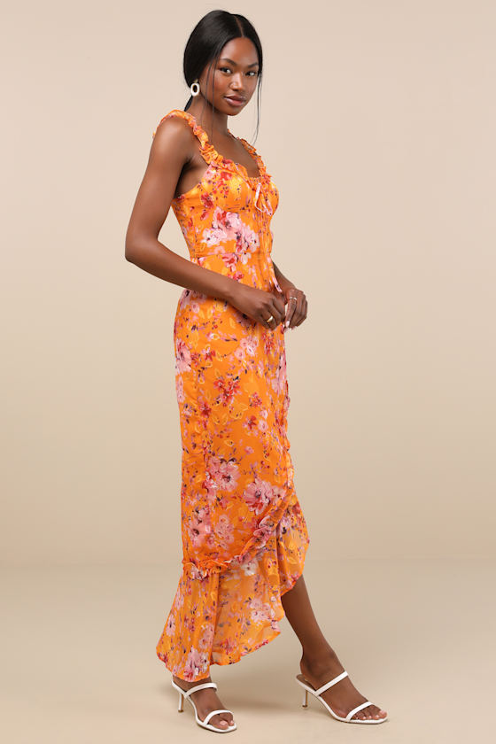 Lulus Lovable Spirit Orange Floral Burnout Ruffled High-low Maxi Dress In Black