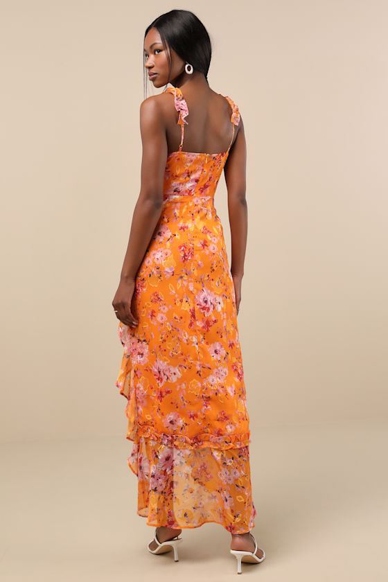Lulus Lovable Spirit Orange Floral Burnout Ruffled High-low Maxi Dress In Black
