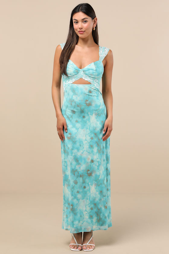 Teal Floral Dress - Cutout Lace Dress - Lacy Mesh Maxi Dress - Lulus