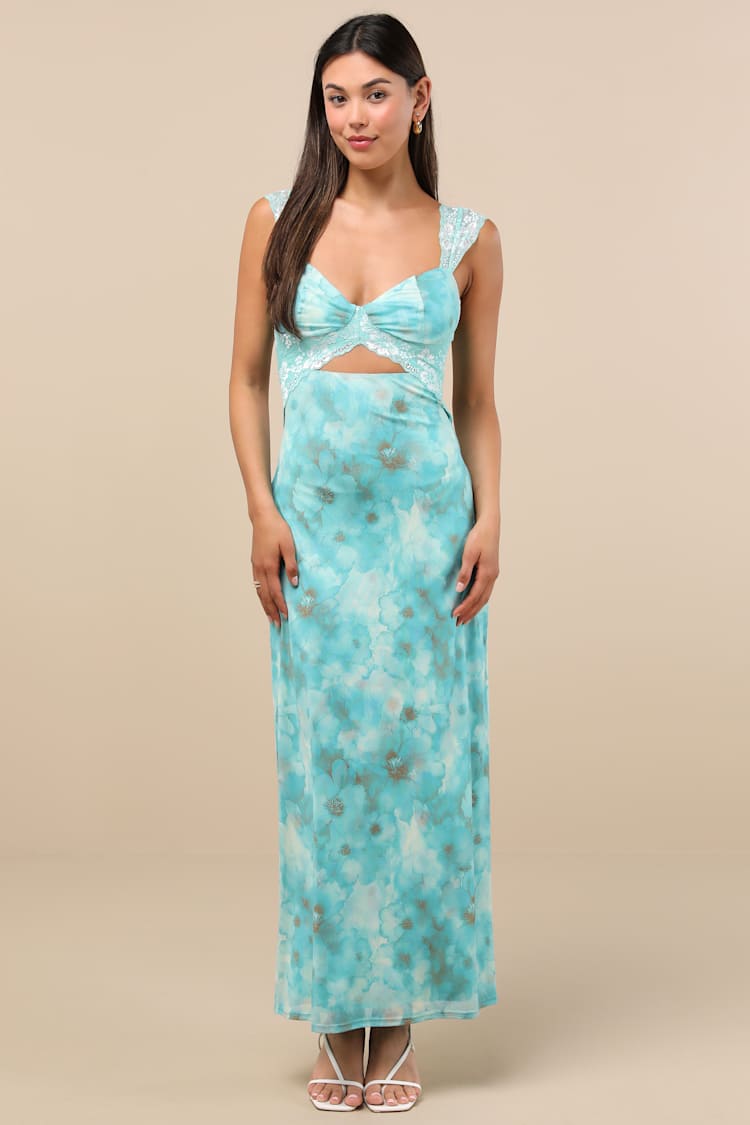 Endlessly Cute Teal Floral Mesh Cutout Lace Bustier Maxi Dress