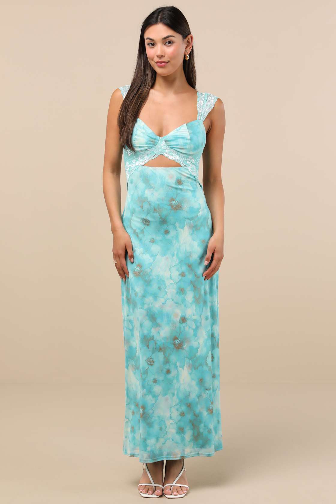 Endlessly Cute Teal Floral Mesh Cutout Lace Bustier Maxi Dress