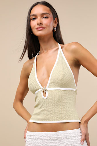 Rozemond Light Green Textured Knit Starfish Halter Top 1