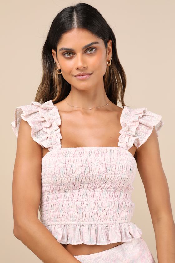 Haddie Light Pink Embroidered Smocked Crop Top 2
